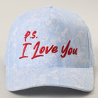 P.S. I Love You camo trucker hat in blue camo front view