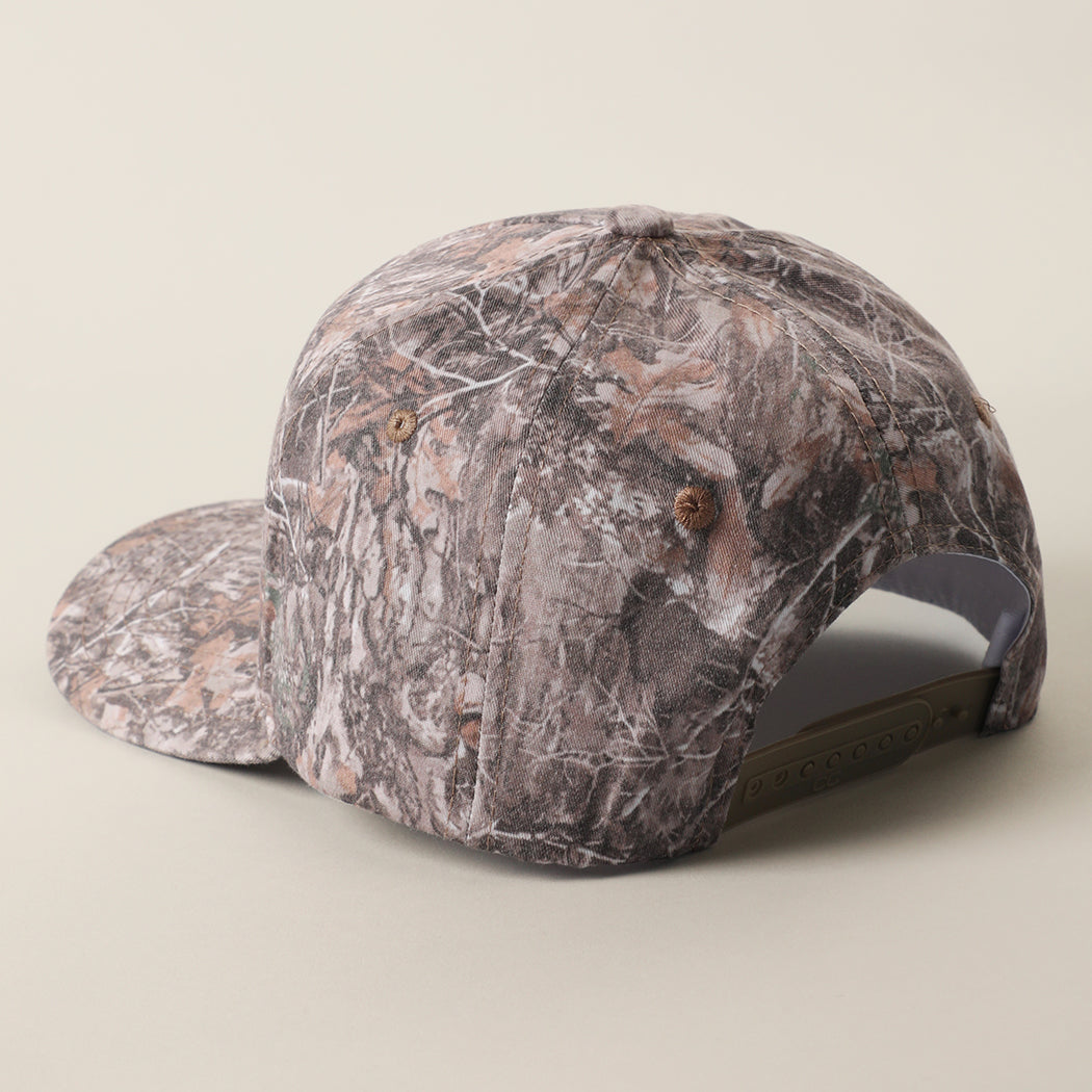 The Dad Club Raising Legends camo trucker hat in dark camo, detail view