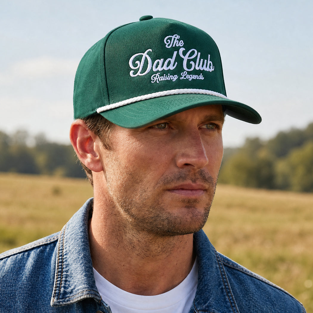 The Dad Club Raising Legends rope trucker hat, front view