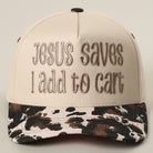 Jesus Saves I Add to Cart two-tone trucker hat in cow print