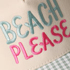 Beach Please gingham brim trucker hat in green, side view