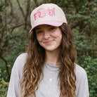Forgiven embroidered gingham brim trucker hat, front view