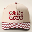 God Is Good checkered brim trucker hat in burgundy