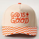 God Is Good checkered brim trucker hat in orange