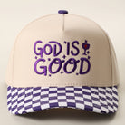 God Is Good checkered brim trucker hat in purple