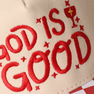 God Is Good checkered brim trucker hat in red, side view