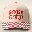 God Is Good checkered brim trucker hat in red
