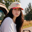 Good Morning Sunshine polka dot trucker hat, front view alternate angle