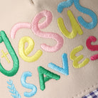 Jesus Saves gingham brim trucker hat in cobalt blue, side view