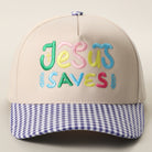 Jesus Saves gingham brim trucker hat in cobalt blue
