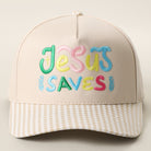 Jesus Saves gingham brim trucker hat in khaki