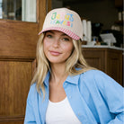 Jesus Saves embroidered gingham brim trucker hat, front view