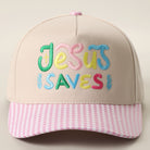 Jesus Saves gingham brim trucker hat in pink