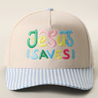 Jesus Saves gingham brim trucker hat in sky blue