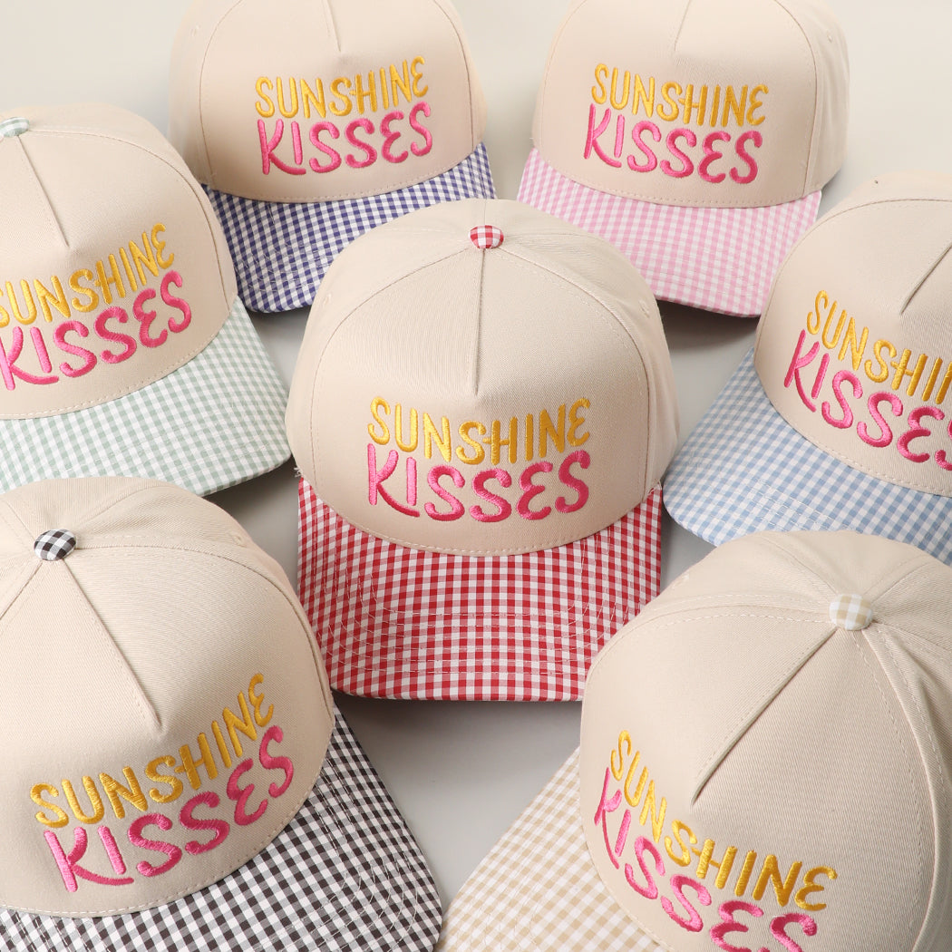 Sunshine Kisses gingham brim trucker hat, front view alternate angle