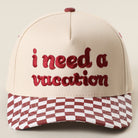 I Need A Vacation checkered brim trucker hat in burgundy