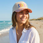 Summer embroidered checkered brim trucker hat, front view