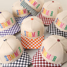 Summer embroidered checkered brim trucker hat, front view alternate angle