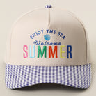 Welcome Summer gingham trucker hat in cobalt blue