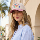 Welcome Summer embroidered gingham trucker hat, front view