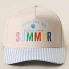 Welcome Summer gingham trucker hat in sky blue