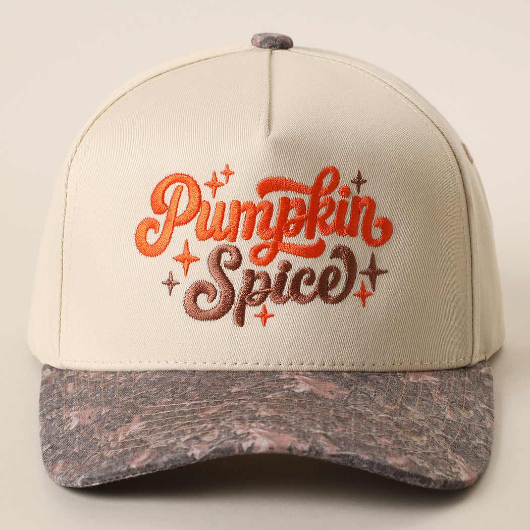 Pumpkin Spice printed brim trucker hat with brown camo brim