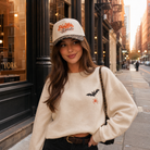 Pumpkin Spice embroidered printed brim trucker hat, front view