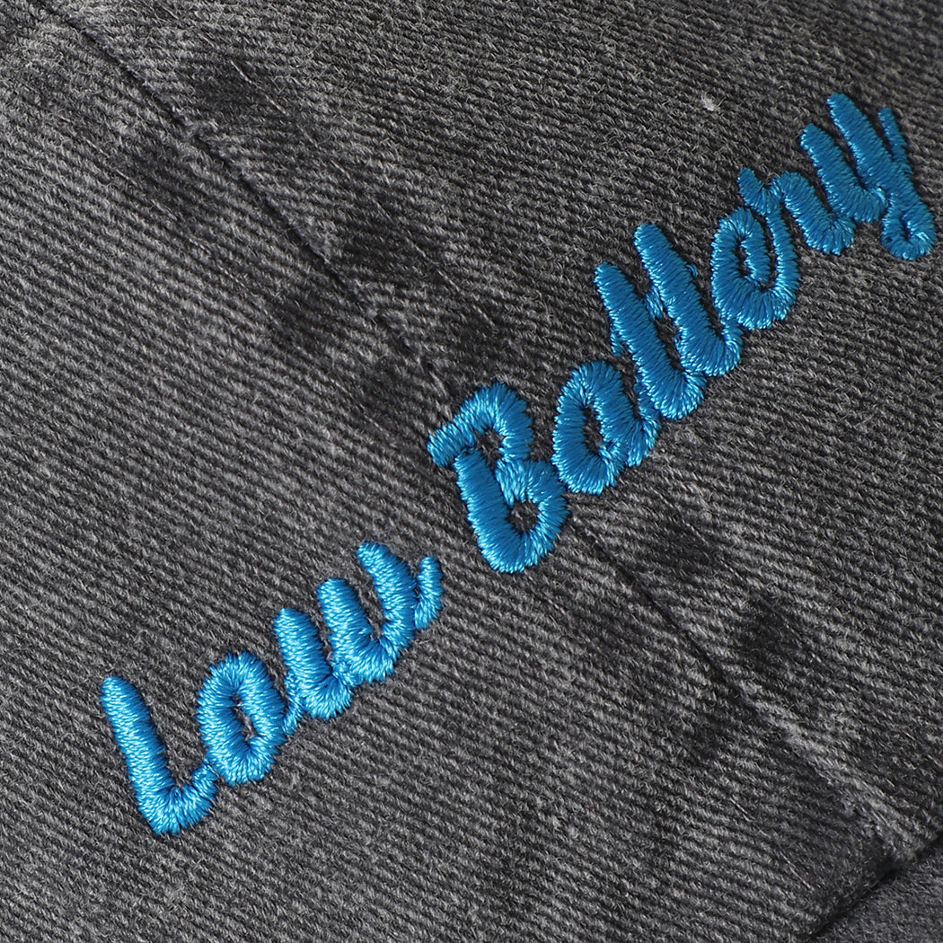 Low Battery embroidered baseball cap in charcoal, side view