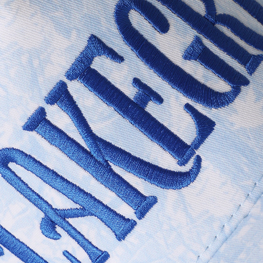 Lake Girl camo trucker hat in blue camo, angled view