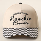 Hotter Than a Hoochie Coochie checkered brim trucker hat in black