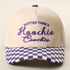 Hotter Than a Hoochie Coochie checkered brim trucker hat in purple