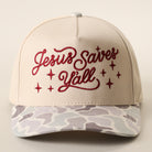 Jesus Saves Y'all trucker hat with beige camo brim