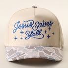 Jesus Saves Y'all trucker hat with blue camo brim