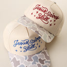 Jesus Saves Y'all camo brim trucker hat shown in all color options