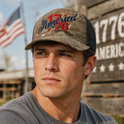Flexfit YP America 1776 camo trucker hat, front view