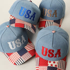 USA embroidered denim trucker hat, styled view