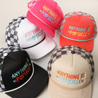 Anything Is Popsicle checker foam trucker hat, front view alternate angle