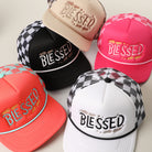 Blessed embroidered checker foam mesh-back trucker hat, front view