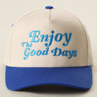 Enjoy The Good Days two-tone trucker hat in royal blue