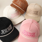JesusGrl embroidered corduroy rope trucker hat shown in all color options