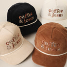 Coffee & Jesus embroidered corduroy rope trucker hat shown in all color options
