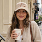 Model wearing Coffee & Jesus embroidered corduroy rope trucker hat