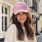 Model wearing Motherhood Hallelujah embroidered corduroy rope trucker hat
