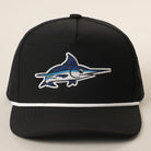 Blue Marlin rope strap trucker hat in black and white
