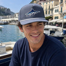Model wearing Blue Marlin embroidered rope strap trucker hat