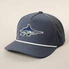 Blue Marlin rope strap trucker hat in navy and white, back view