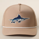 Blue Marlin rope strap trucker hat in sand and white