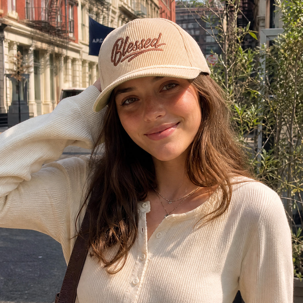 Blessed corduroy rope trucker hat lifestyle image