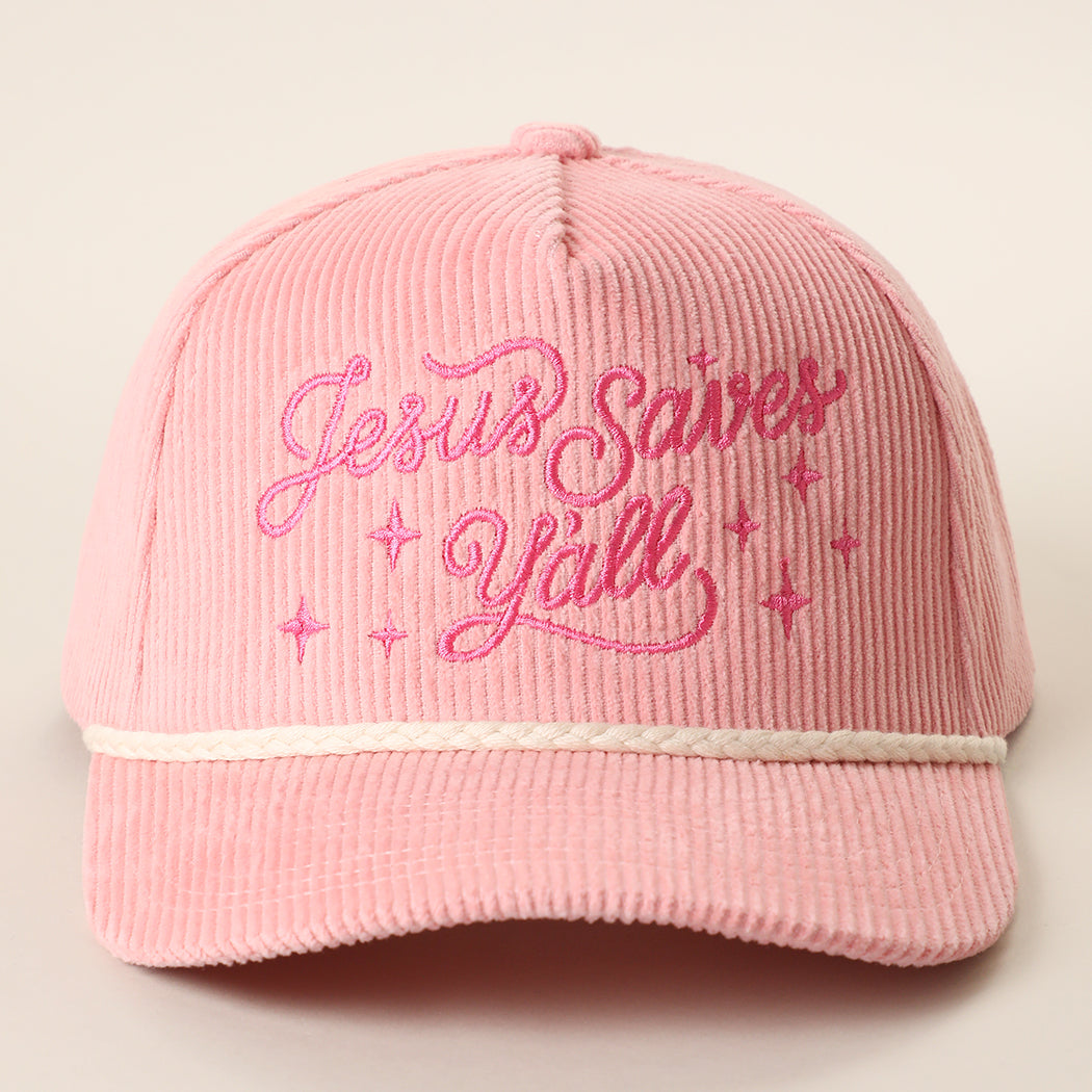 Jesus Saves Y'all corduroy rope trucker hat in baby pink