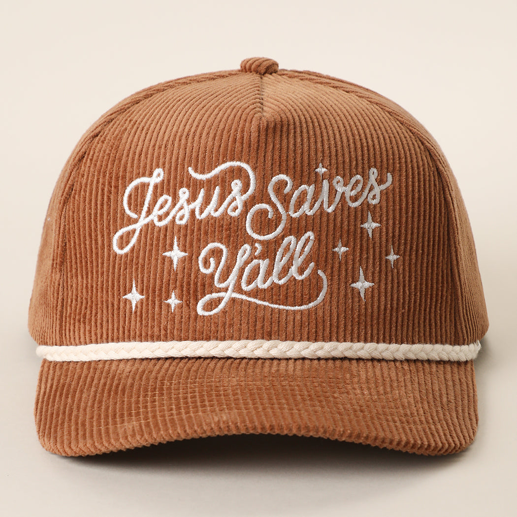 Jesus Saves Y'all corduroy rope trucker hat in brown